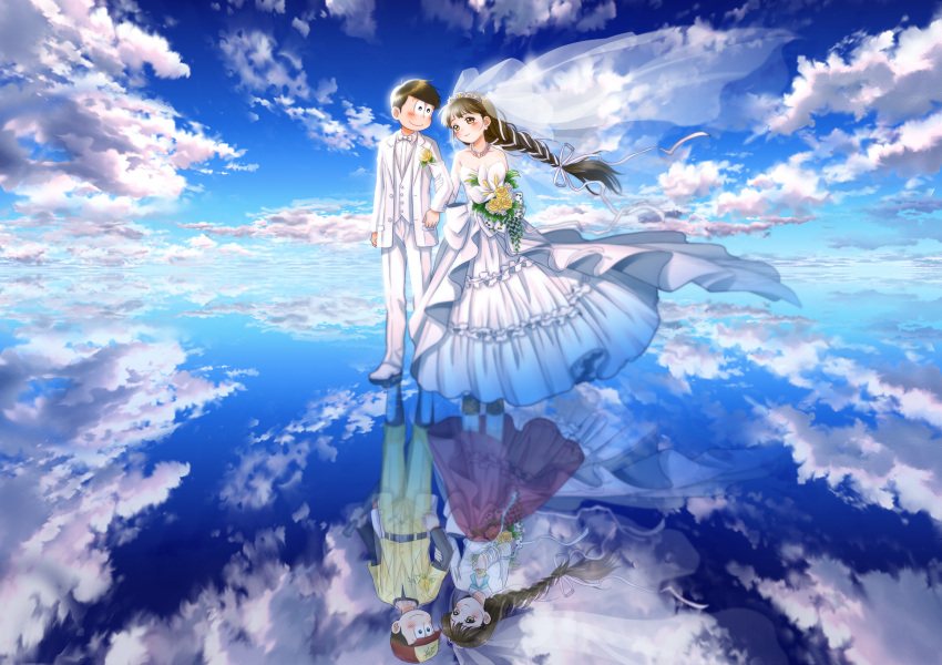 1boy 1girl alternate_costume arm_at_side arm_holding bandages bangs bare_shoulders baseball_cap baseball_uniform belt black_eyes black_hair blue_ribbon blue_sky blunt_bangs blush boots bouquet bow bowtie braid bridal_veil bride brown_eyes brown_hair closed_mouth clouds cloudy_sky couple different_reflection dress flower formal frills gloves hair_ribbon hand_on_another's_arm happy hat hetero highres holding_bouquet jacket jewelry juushimatsu's_girlfriend long_hair long_sleeves matsuno_juushimatsu neck_ribbon necklace osomatsu-kun osomatsu-san pants red_skirt reflection ribbon rose see-through shirt shoes short_over_long_sleeves single_braid skirt sky smile sportswear standing strapless strapless_dress suit tiara tuxedo veil very_long_hair vest wedding wedding_dress white_bow white_bowtie white_dress white_flower white_gloves white_jacket white_pants white_ribbon white_shirt white_shoes wind wristband yellow_flower yellow_pants yellow_rose yuuno_(yukioka)
