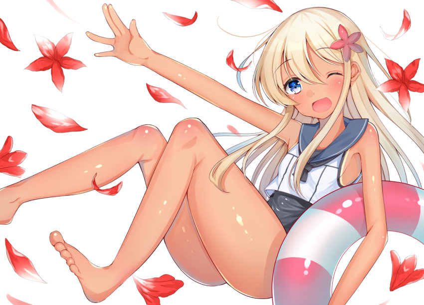1girl bad_feet blonde_hair blue_eyes blush crop_top eyebrows eyebrows_visible_through_hair flower hair_flower hair_ornament kantai_collection lifebuoy long_hair nan_(jyomyon) neckerchief one_eye_closed open_mouth outstretched_arm petals ro-500_(kantai_collection) school_swimsuit school_uniform serafuku sitting smile solo swimsuit swimsuit_under_clothes tan tanline