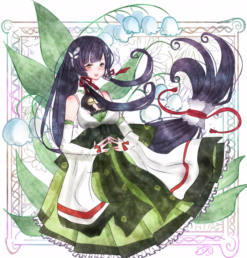 1girl :d bare_shoulders black_hair bridal_gauntlets detached_sleeves dress floral_background flower furisode green_dress hair_ornament hair_ribbon hair_tubes hakama highres japanese_clothes kantai_collection kimono lily_of_the_valley long_hair looking_at_viewer low-tied_long_hair mizuho_(kantai_collection) nora_(salatto) obi open_mouth ribbon sash sidelocks smile solo very_long_hair
