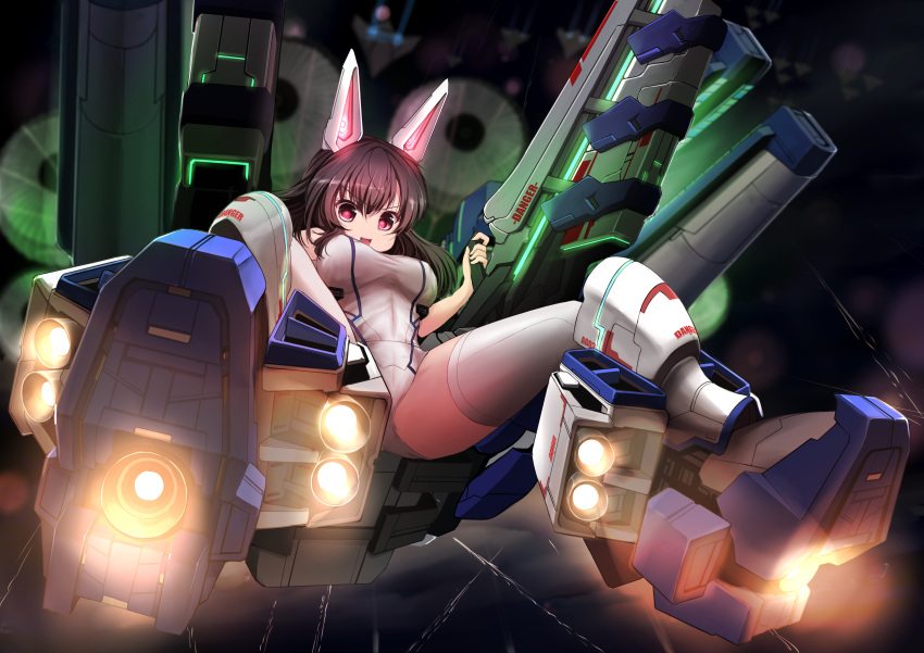 1girl :d absurdres armor_girls bangs black_hair blurry breasts depth_of_field finger_on_trigger flying from_below glowing headgear highres large_breasts leotard long_hair looking_at_viewer mecha mecha_musume open_mouth red_eyes smile solo spread_legs thigh-highs white_legwear zheyi_parker