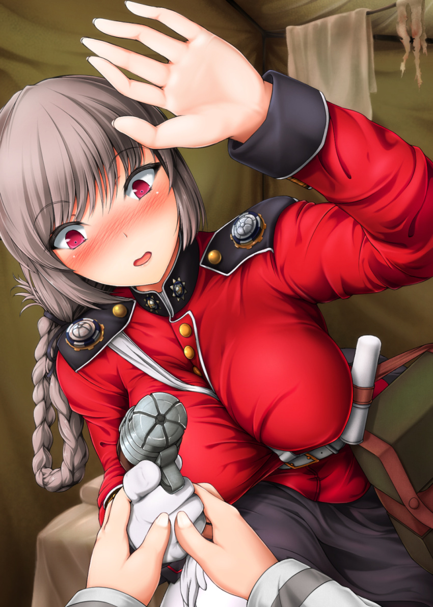 1girl aiming_at_viewer bangs belt belt_pouch between_breasts blush bol_(liliymimi) braid breasts dutch_angle embarrassed empty_eyes epaulettes eyebrows eyebrows_visible_through_hair eyelashes fate/grand_order fate_(series) finger_on_trigger fingernails florence_nightingale_(fate/grand_order) gloves gloves_removed grey_eyes gun hair_rings highres holding holding_gloves holding_gun holding_weapon indoors large_breasts long_fingernails long_hair long_sleeves looking_at_hand looking_down mandarin_collar military military_uniform open_mouth palms pantyhose pocket pov pov_hands red_eyes single_braid single_glove skirt solo_focus string tied_hair towel uniform weapon white_gloves white_legwear