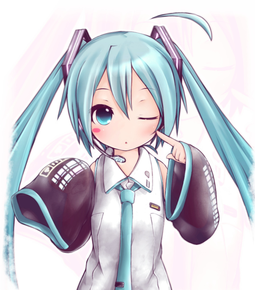 1girl akino_coto aqua_eyes aqua_hair detached_sleeves hatsune_miku highres long_hair one_eye_closed oversized_clothes solo twintails very_long_hair vocaloid