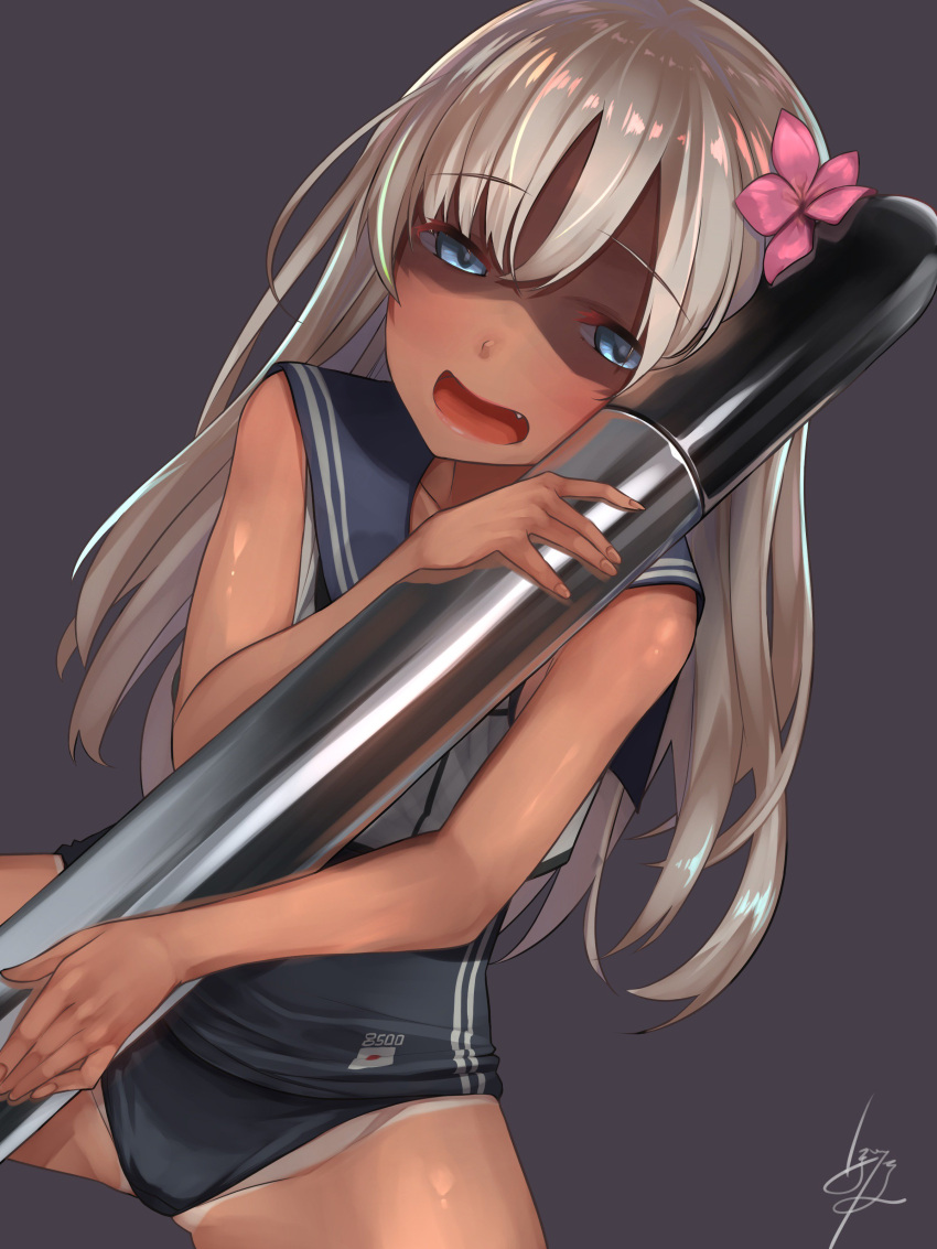1girl absurdres baffu bangs blonde_hair blue_eyes blush clothes_writing collarbone cowboy_shot crop_top dutch_angle eyebrows eyebrows_visible_through_hair fang fingernails flower groin hair_flower hair_ornament highres holding japanese_flag kantai_collection long_fingernails long_hair looking_at_viewer number one-piece_tan open_mouth ro-500_(kantai_collection) sailor_collar school_swimsuit shaded_face shiny shiny_skin signature simple_background sleeveless solo spread_legs swimsuit swimsuit_under_clothes tan tanline torpedo yandere