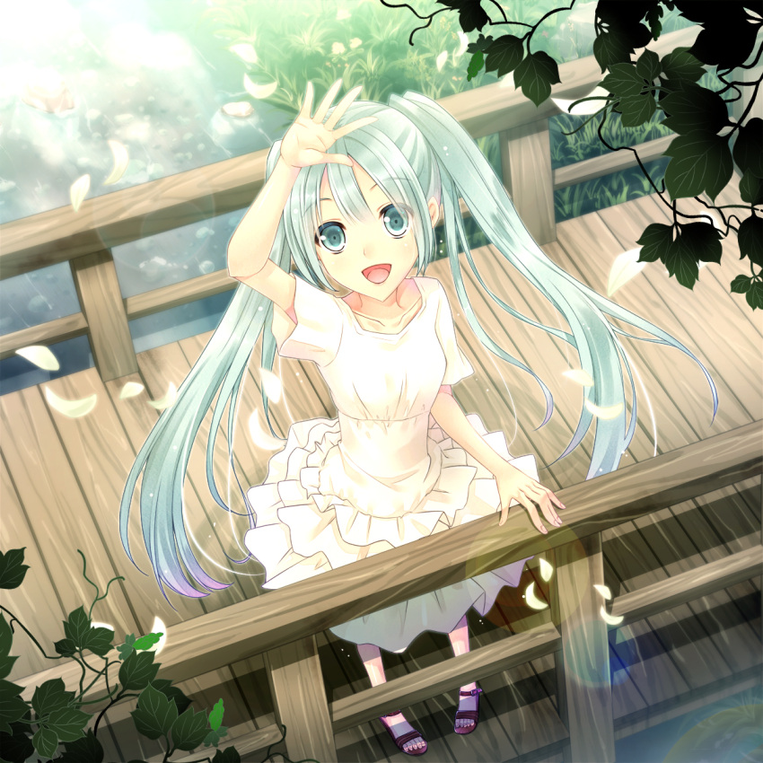 1girl akane_hazuki album_cover aqua_eyes aqua_hair arm_up collarbone cover dress from_above grass hatsune_miku highres long_hair nature open_mouth petals river smile solo twintails very_long_hair vocaloid white_dress