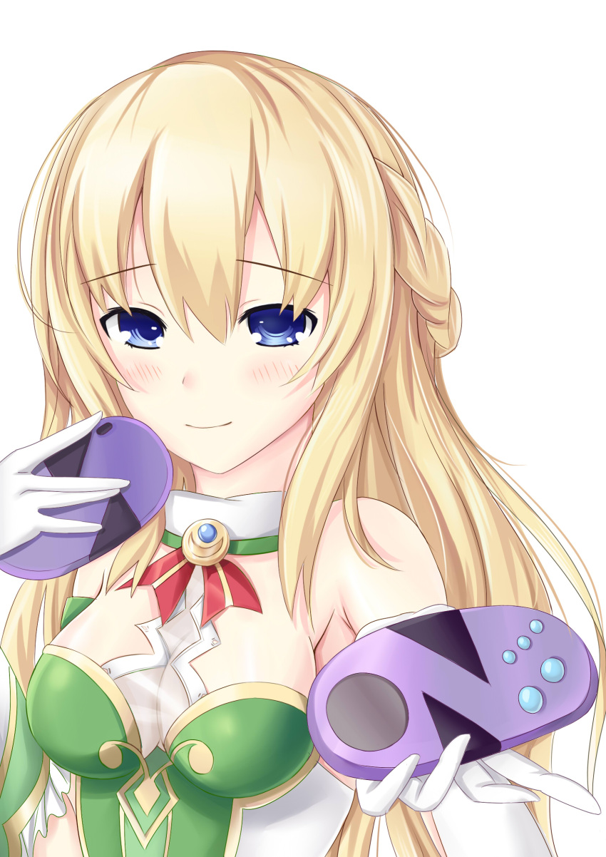 1girl bare_shoulders blonde_hair blue_eyes blush breasts cleavage controller game_controller gamepad highres large_breasts long_hair looking_at_viewer muwa12 neptune_(series) smile solo vert very_long_hair
