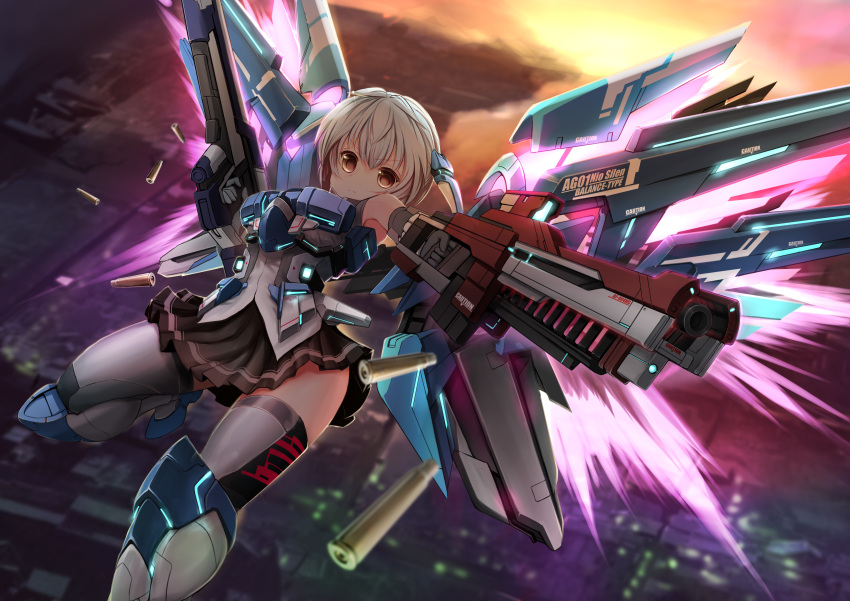 1girl absurdres aiming armor_girls bangs black_skirt blurry blush boots brown_eyes city_lights depth_of_field dual_wielding finger_on_trigger flying glowing grey_legwear gun hair_ornament headgear highres holding holding_gun holding_weapon knee_boots looking_at_viewer mecha_musume mechanical_wings miniskirt motion_blur outstretched_arm pleated_skirt shell_casing silver_hair skirt sky solo thigh-highs upskirt weapon wings zheyi_parker