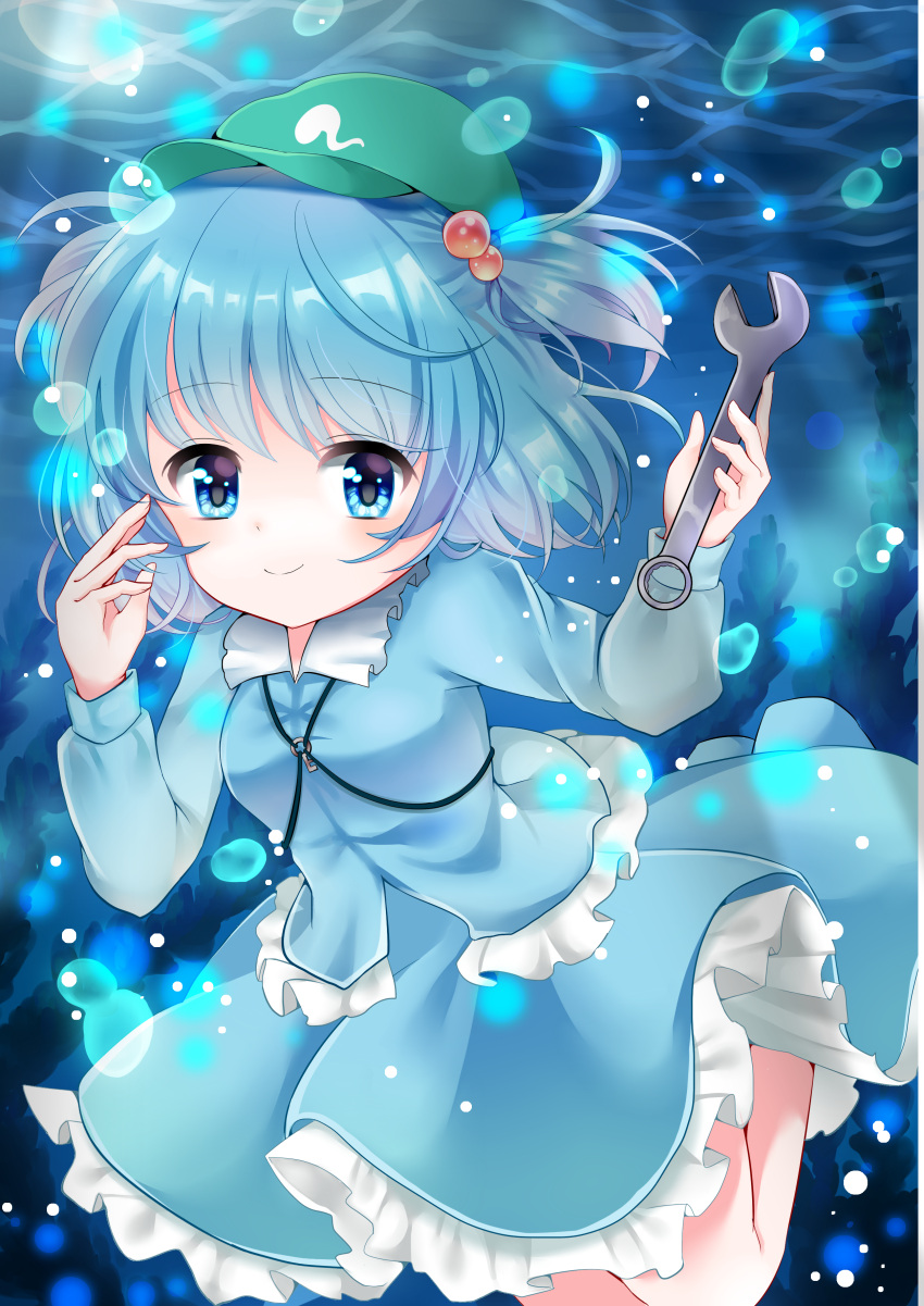 1girl absurdres blue_boots blue_eyes blue_hair boots bubble dress dress_shirt frilled_skirt frills hair_bobbles hair_ornament hand_up hat highres kawashiro_nitori key light_rays long_sleeves looking_at_viewer rubber_boots shirt short_hair short_twintails skirt skirt_set smile solo touhou twintails two_side_up underwater white_shirt wrench yuzucha_(sora-neko)
