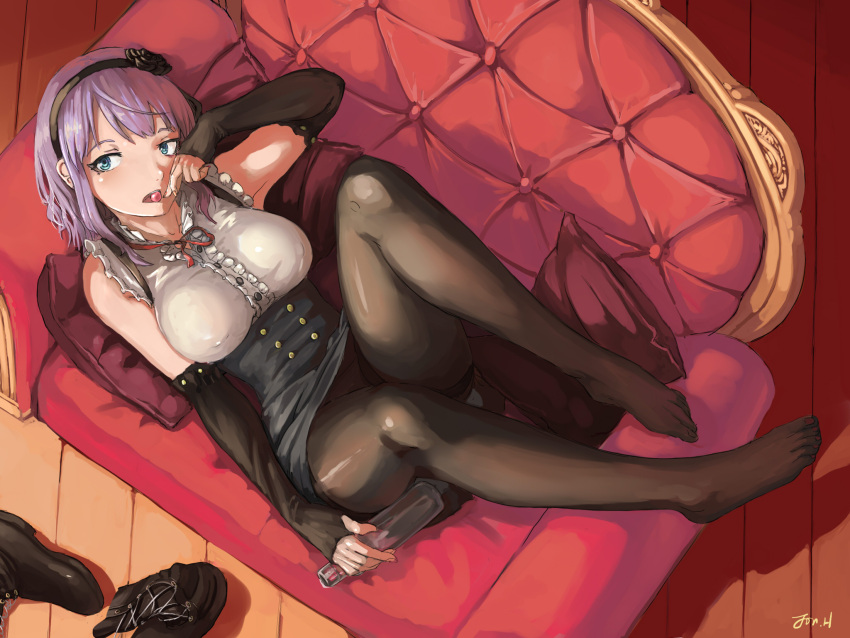 1girl :o armpits bare_shoulders black_legwear black_rose black_shoes black_skirt blue_eyes blush breasts buttons center_frills collarbone couch dagashi_kashi detached_sleeves flower full_body hair_flower hair_ornament hairband high-waist_skirt highres holding jonathan_h knees_up large_breasts long_sleeves lying nail_polish on_back on_couch open_mouth panties panties_under_pantyhose pantyhose pillow pink_hair red_nails rose shidare_hotaru shirt shoes shoes_removed short_hair skirt sleeveless sleeveless_shirt solo thighband_pantyhose toenail_polish tsurime underwear virgin_killer_outfit white_shirt