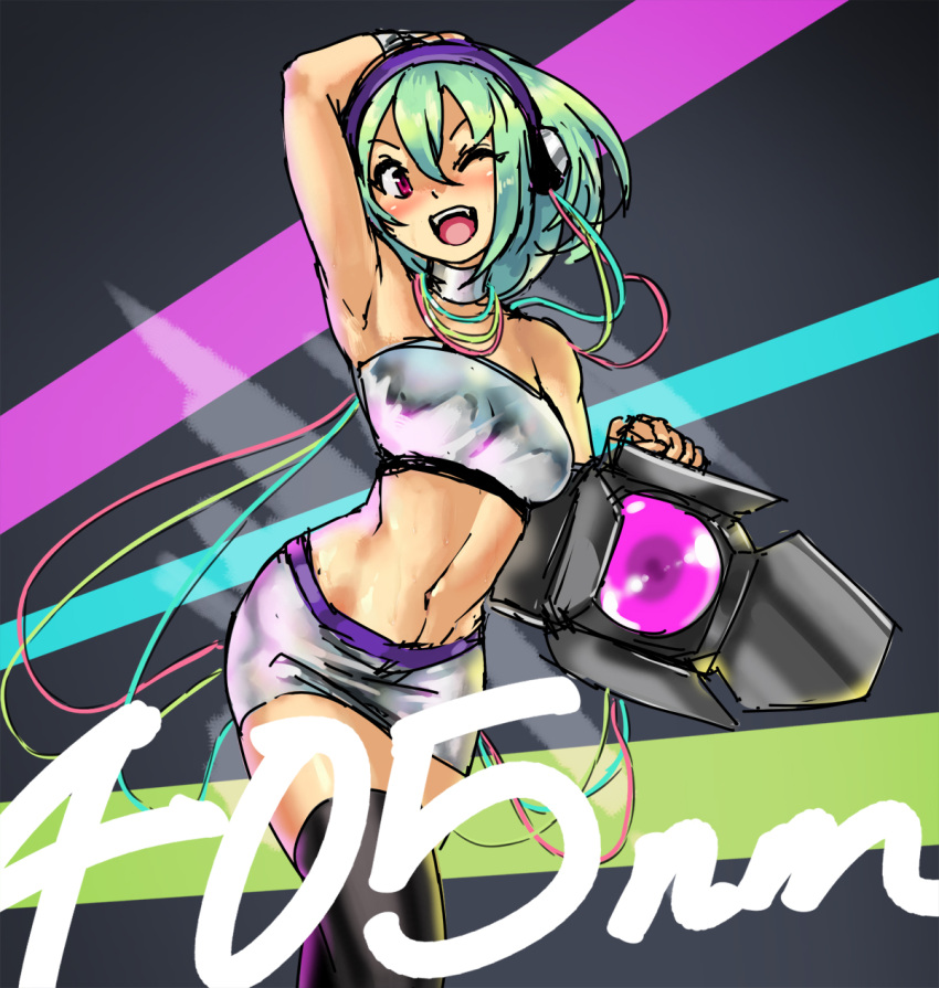 1girl 405nm ;) arm_up armpits beatmania beatmania_iidx black_legwear breasts cable character_request choker commentary eu03 green_hair headphones highres jewelry midriff miniskirt navel necklace one_eye_closed pink_eyes short_hair skirt small_breasts smile solo stage_lights strapless thigh-highs tubetop