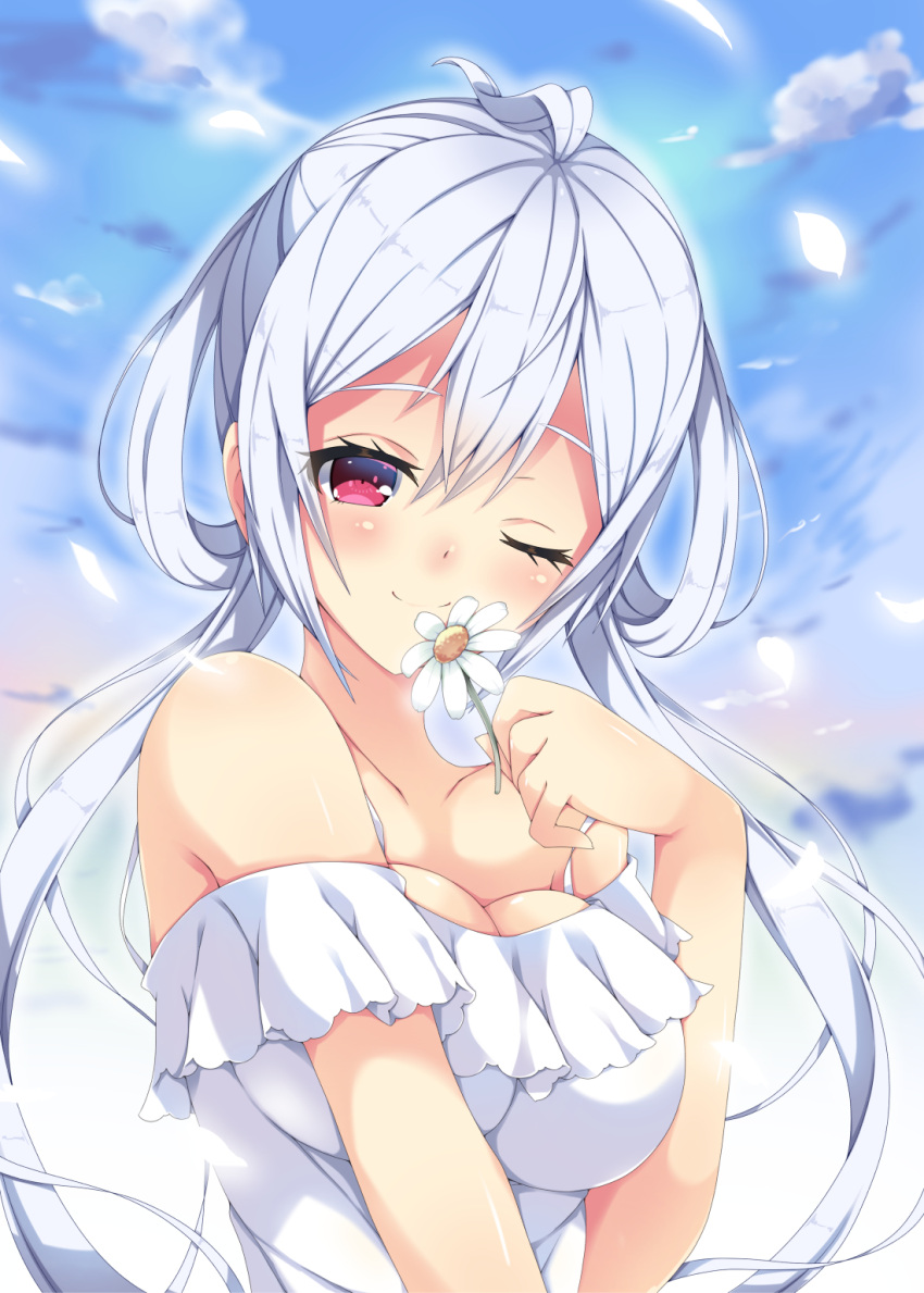 1girl ahoge bare_shoulders breasts chamomile cleavage collarbone dress flower hair_rings highres holding holding_flower long_hair matoi_(pso2) milkpanda one_eye_closed petals phantasy_star phantasy_star_online_2 red_eyes silver_hair sky smile solo twintails upper_body white_dress