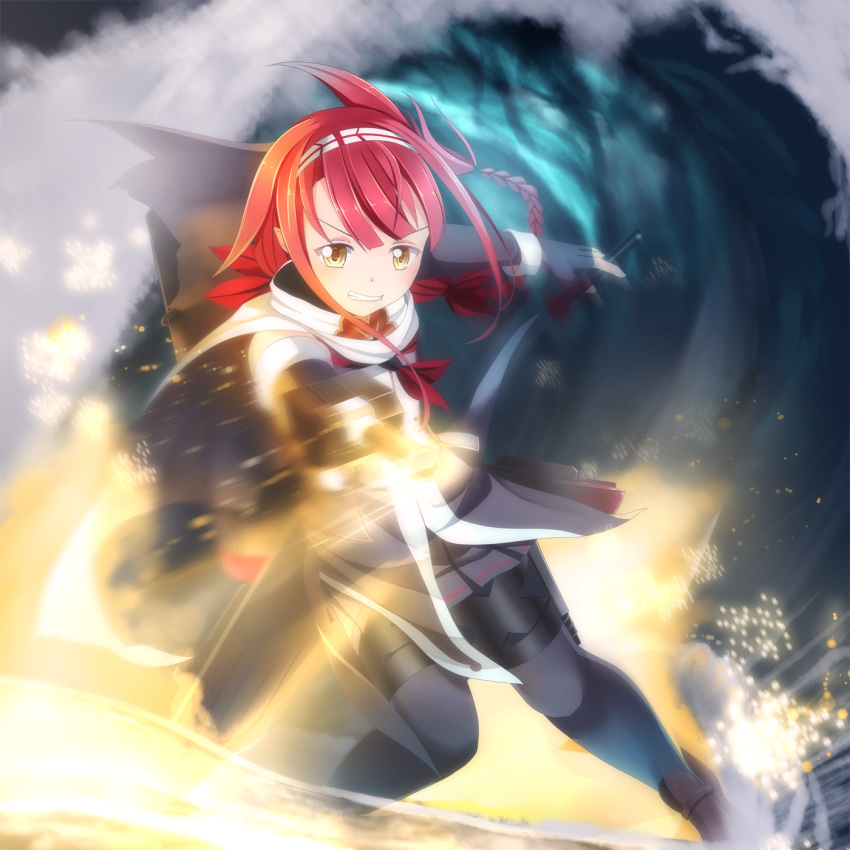 1girl braid cape clenched_teeth fingerless_gloves gloves hair_flaps hairband highres kantai_collection kawakaze_(kantai_collection) long_gloves long_hair low_twintails ocean pointy_ears redhead remodel_(kantai_collection) sea_spray skirt solo teeth thigh-highs torpedo twintails waves yasume_yukito yellow_eyes