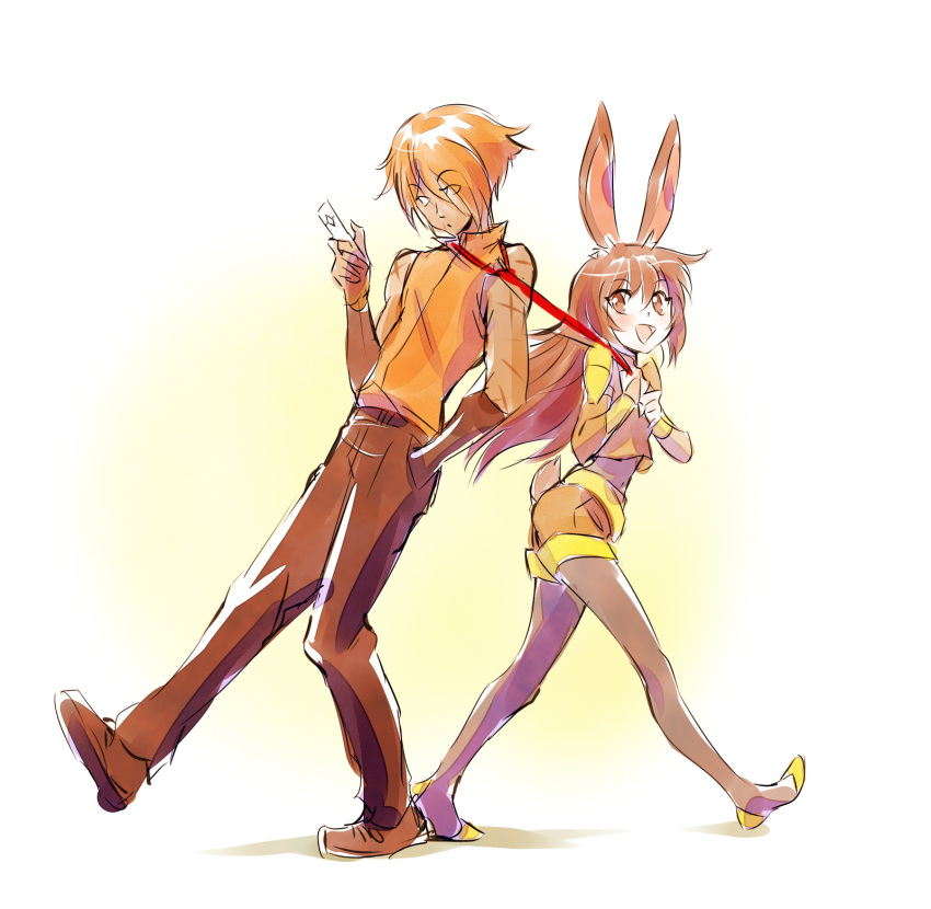 1boy 1girl animal_ears brown_eyes brown_hair bunny_tail dark_skin fox_alistair highres iesupa necktie necktie_grab neckwear_grab orange_hair pants pantyhose rabbit_ears rwby scar smile tail velvet_scarlatina vest zootopia