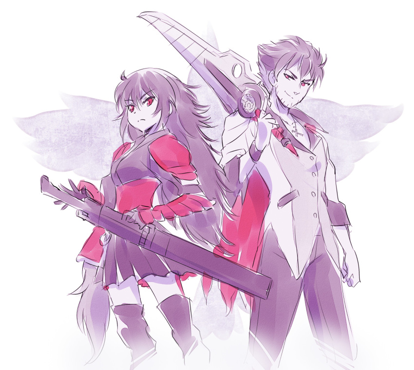 1boy 1girl black_hair boots brother_and_sister cape cross cross_necklace facial_hair highres iesupa jewelry long_hair necklace over_shoulder qrow_branwen raven_branwen red_eyes rwby sheath sheathed short_hair siblings skirt smile stubble sword sword_over_shoulder thigh-highs thigh_boots very_long_hair weapon weapon_over_shoulder