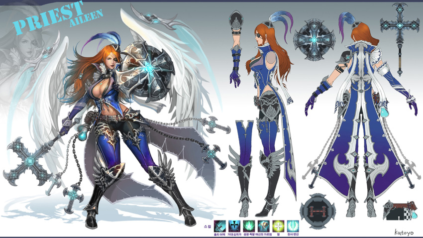 angel armor armored_boots artist_name blue_eyes boots chain character_sheet cross eyepatch garrison_cap gloves hat jewelry katoyo85 lipstick long_hair makeup navel necklace panties parted_lips red_lipstick redhead shield skin_tight spaulders underwear wings