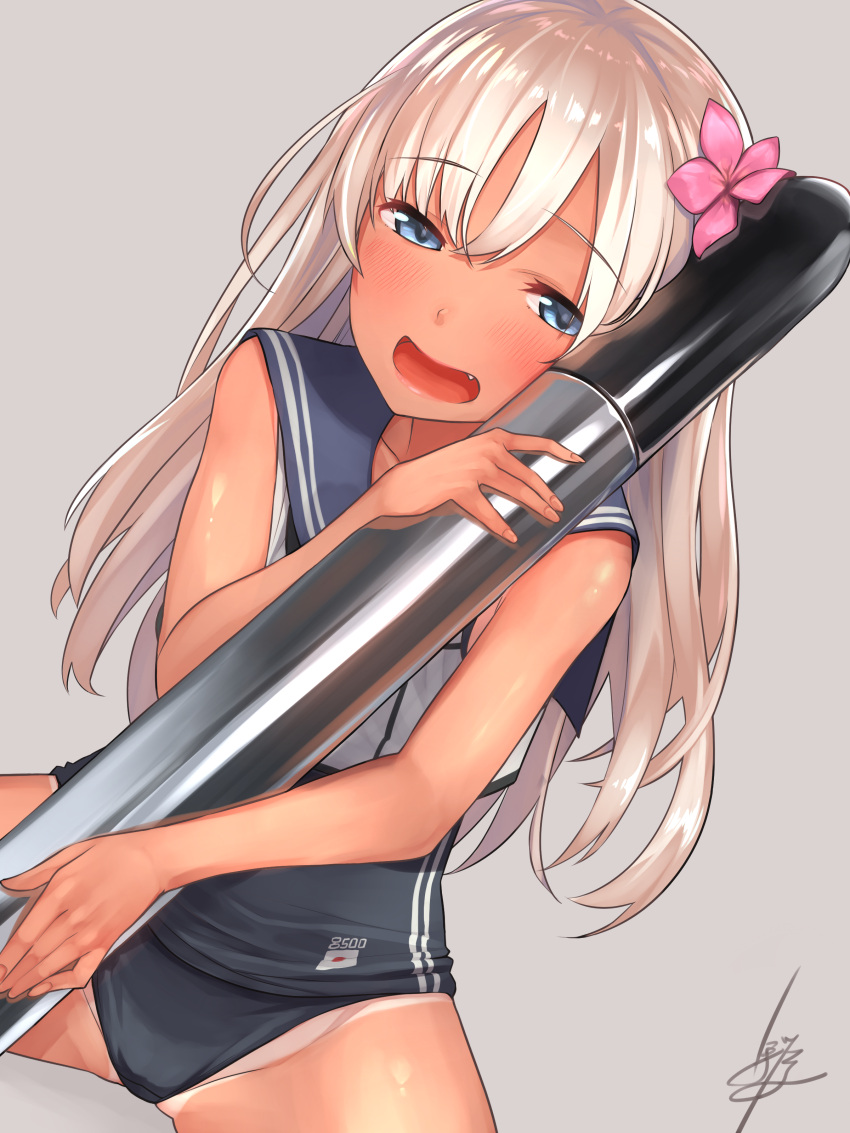 1girl absurdres baffu bangs blue_eyes blush clothes_writing collarbone cowboy_shot crop_top dutch_angle eyebrows eyebrows_visible_through_hair fang fingernails flower groin hair_flower hair_ornament highres holding japanese_flag kantai_collection long_fingernails long_hair looking_at_viewer number one-piece_tan open_mouth ro-500_(kantai_collection) sailor_collar school_swimsuit shiny shiny_skin signature simple_background sleeveless solo spread_legs swimsuit swimsuit_under_clothes tan tanline torpedo