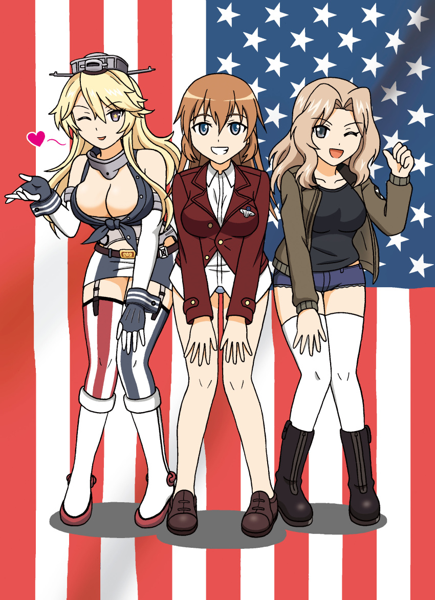 3girls :d ;d absurdres american_flag blonde_hair blue_eyes boots breasts brown_hair charlotte_e_yeager cleavage commentary crossover detached_sleeves fingerless_gloves flag_background garter_straps girls_und_panzer gloves grey_eyes grin headgear heart highres iowa_(kantai_collection) kantai_collection kay_(girls_und_panzer) keygift large_breasts leaning_forward long_hair looking_at_viewer miniskirt mismatched_legwear multiple_crossover multiple_girls one_eye_closed open_mouth panties short_shorts shorts skirt smile star star-shaped_pupils strike_witches symbol-shaped_pupils thigh-highs thumbs_up trait_connection underwear white_legwear zettai_ryouiki