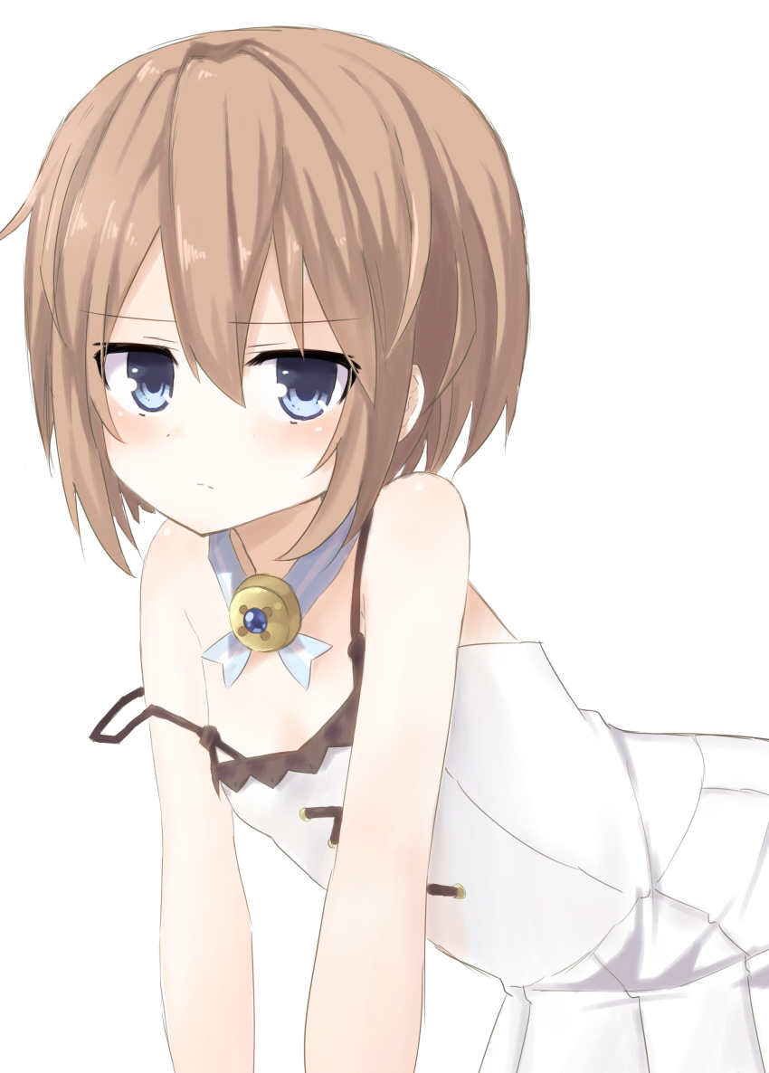 1girl absurdres bare_shoulders blanc blancpig_yryr blue_eyes blush brown_hair camisole dress frown highres looking_at_viewer neptune_(series) off_shoulder short_hair solo strap_slip