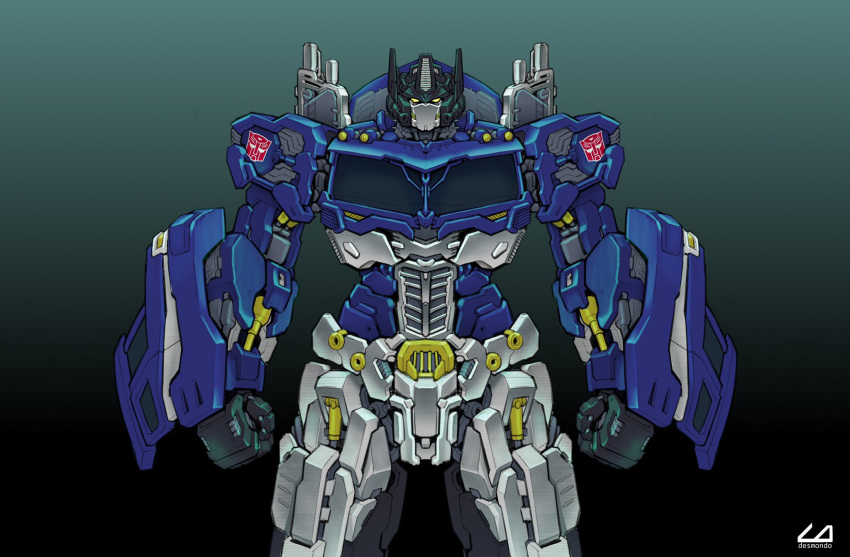 artist_name autobot character_request clenched_hands ct990413 gradient_background green_eyes highres looking_at_viewer mecha no_humans robot science_fiction solo straight-on transformers variant_set