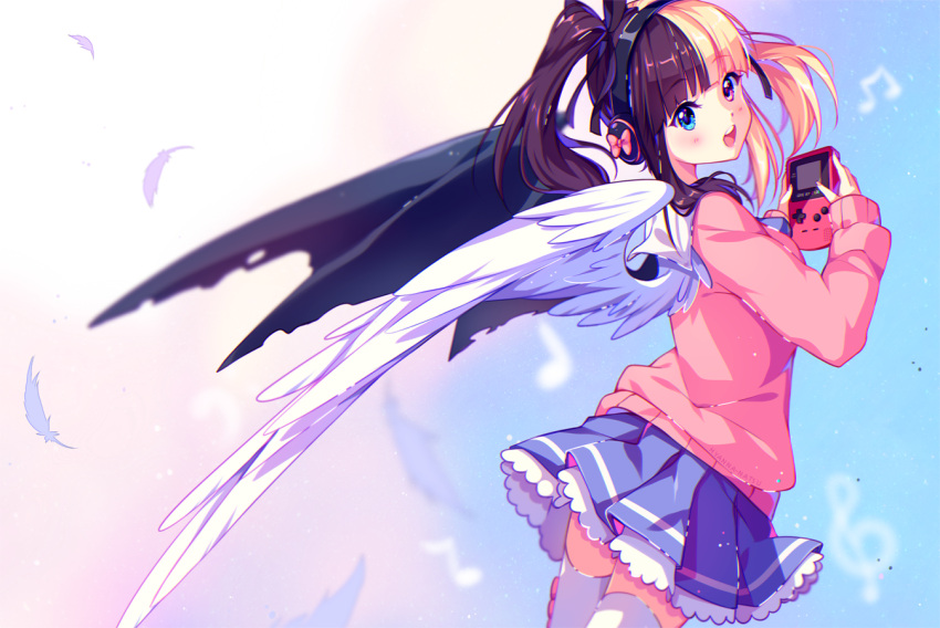 1girl :d angel_wings asymmetrical_wings bangs beamed_quavers black_ribbon blonde_hair blue_eyes blue_skirt blunt_bangs blush borrowed_character bow brown_hair cable cowboy_shot crotchet demon_wings eyelashes frilled_skirt frills from_behind game_boy_color gradient gradient_background hair_ribbon handheld_game_console headphones heterochromia holding hyanna-natsu long_hair long_sleeves looking_back miniskirt multicolored_hair musical_note nail_polish open_mouth original pink_bow pink_eyes pink_nails pleated_skirt quaver ribbon round_teeth sketch skirt sleeves_past_wrists smile solo split_theme standing sweater tareme teeth thigh-highs twintails two-tone_hair very_long_hair white_legwear wings zettai_ryouiki