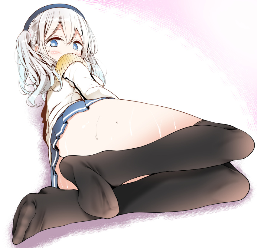 1girl ass black_legwear blue_eyes epaulettes feet hat highres jacket kantai_collection kashima_(kantai_collection) long_sleeves looking_at_viewer lying military military_uniform on_side oouso_(usotsukiya) over-kneehighs pleated_skirt silver_hair skirt solo sweat thigh-highs thighs twintails uniform