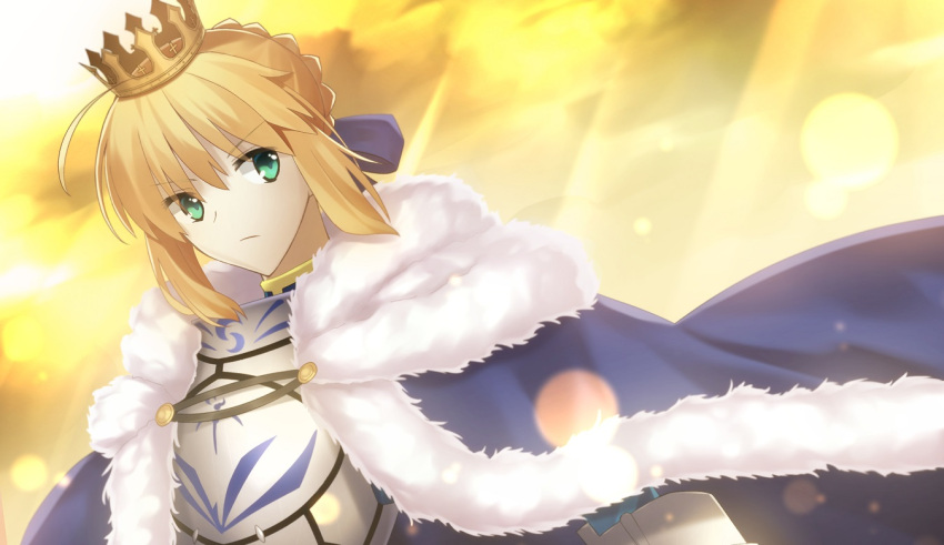 1girl armor blonde_hair cape crown fate/grand_order fate/stay_night fate_(series) green_eyes looking_at_viewer minamina saber solo upper_body