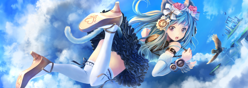 1girl animal_ears bare_shoulders bird blue_hair cat_ears cat_tail clouds dress fantasy hair_ornament hair_ribbon high_heels highres long_hair looking_back open_mouth original ribbon skirt sky solo soraizumi tail thigh-highs two_side_up violet_eyes white_legwear