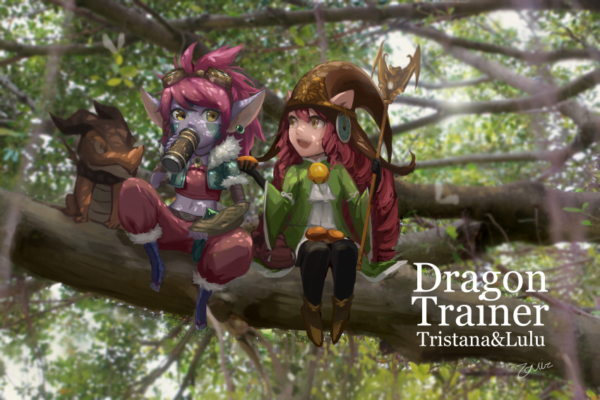absurdres alternate_costume chinese commentary_request dragon drinking hat highres in_tree league_of_legends long_hair lulu_(league_of_legends) multiple_girls purple_hair purple_skin sitting sitting_in_tree staff text tree tree_branch tristana yordle zavir