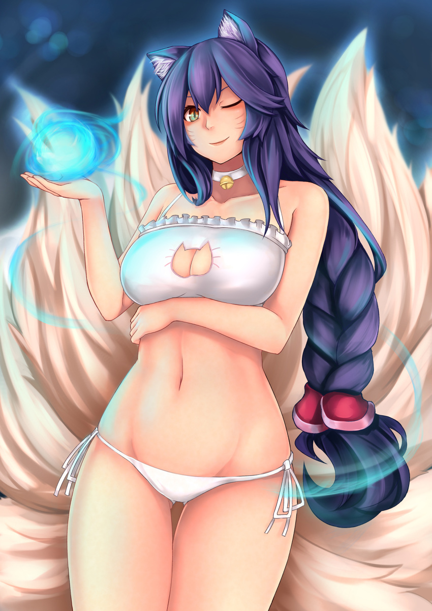 1girl absurdres ahri animal_ears bare_shoulders bell bell_collar bikini bikini_bottom blonde_hair blue_hair braid breasts cat_lingerie collar facial_mark fox_ears fox_tail highres large_breasts league_of_legends long_hair looking_at_viewer multiple_tails navel side-tie_bikini smile solo swimsuit tail thigh_gap thighs very_long_hair yashichii