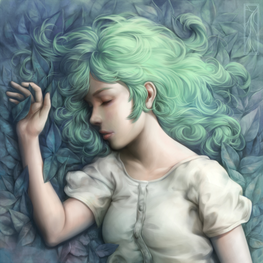 1girl character_request closed_eyes copyright_request green_hair highres kotikomori leaf lips sleeping solo