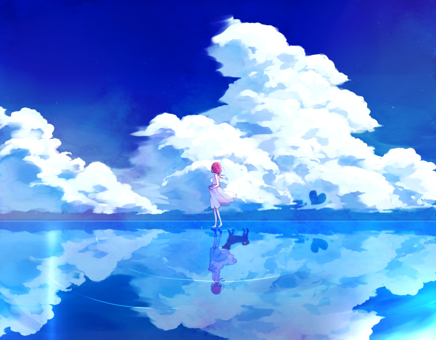 1girl bare_legs bare_shoulders barefoot blue_sky clouds dog dress heart highres horizon junjam looking_away original redhead reflection ribbon shiba_inu short_hair sky solo standing standing_on_liquid sundress white_dress