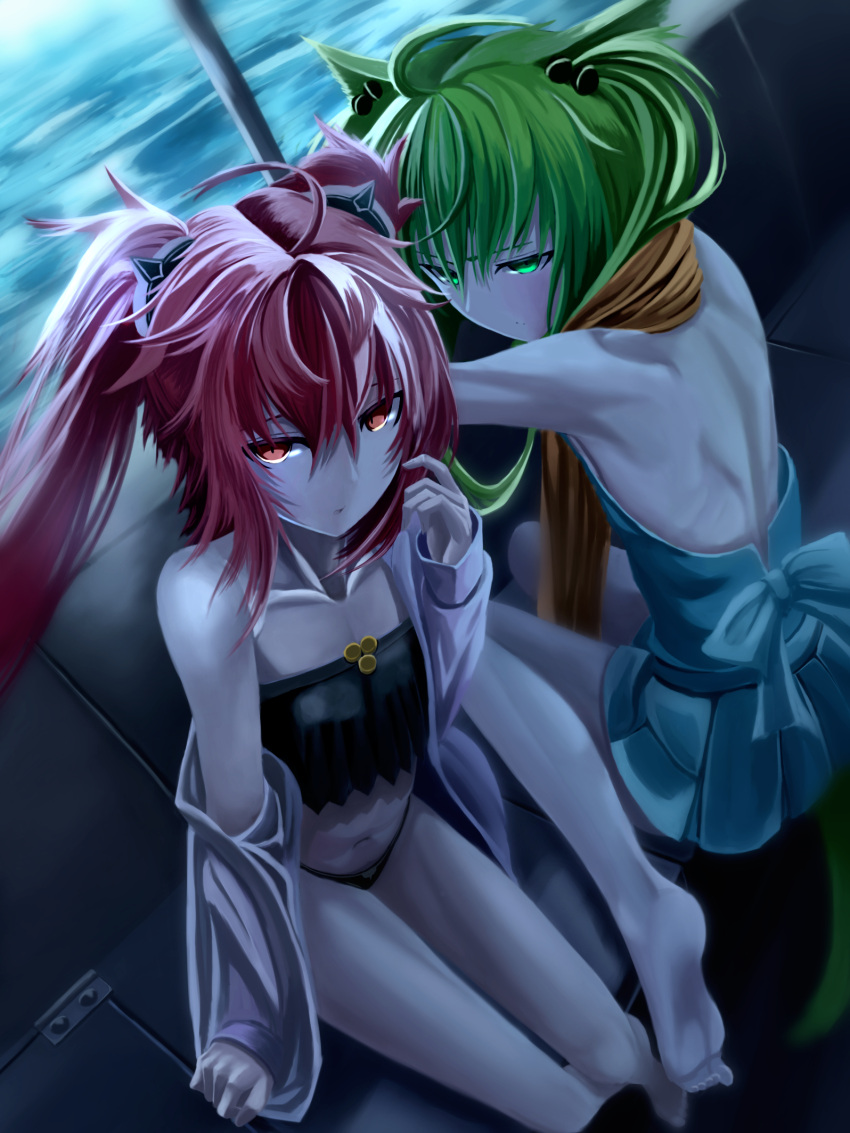 2girls :o animal_ears archer_of_red back bandeau bangs barefoot bikini black_bikini blue_swimsuit cat_ears collarbone couch dutch_angle fate/apocrypha fate/grand_order fate_(series) from_above green_eyes green_hair hair_between_eyes hair_ornament highres jacket jacket_over_swimsuit long_hair long_sleeves looking_at_viewer mukade_(siieregannsu) multiple_girls navel off_shoulder one-piece_swimsuit pink_hair red_eyes redhead sita_(fate/grand_order) sitting soles spikes stomach strapless swimsuit towel towel_around_neck very_long_hair wariza water