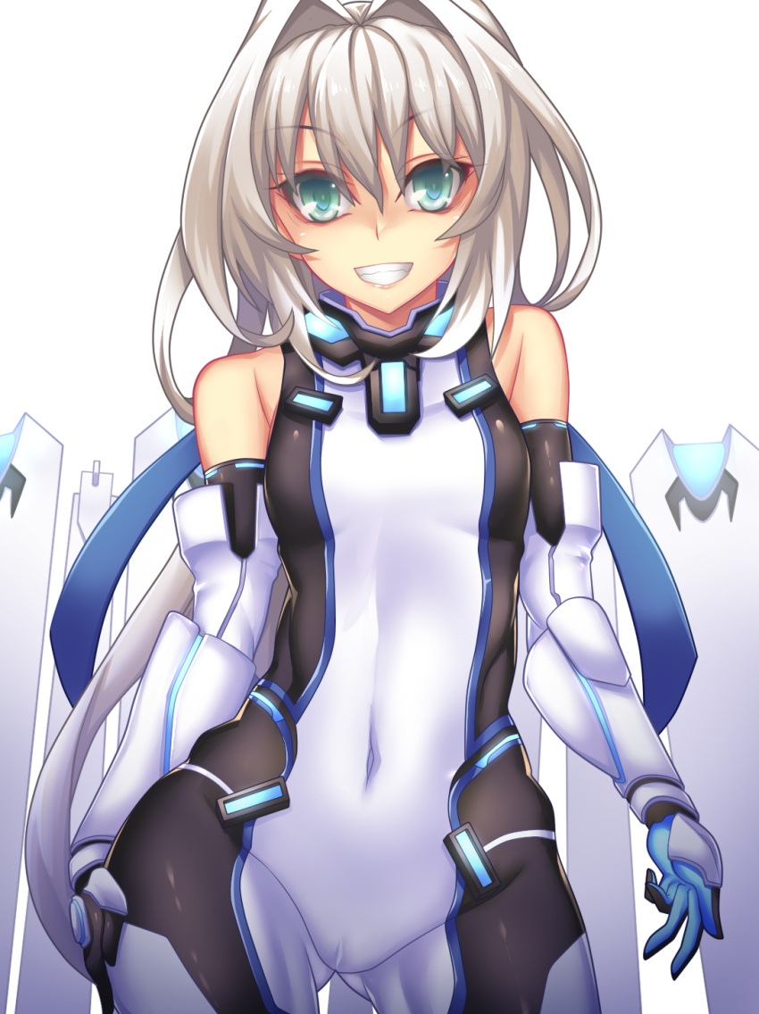 1girl aqua_eyes ass_visible_through_thighs bare_shoulders bodysuit breasts covered_navel elbow_gloves emilia_hermit fi-san gloves grin highres hundred long_hair looking_at_viewer silver_hair smile solo teeth transparent_background