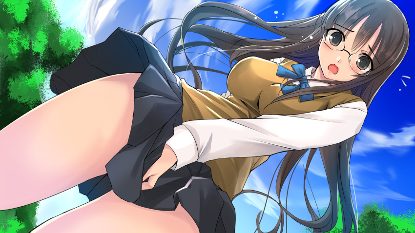 1girl black_eyes black_hair black_skirt blue_bow bow breasts clouds commentary_request embarrassed female from_below glasses highres long_hair long_sleeves miracle_hoshi original pleated_skirt school_uniform serafuku shirt skirt skirt_tug sky solo thighs vest white_shirt
