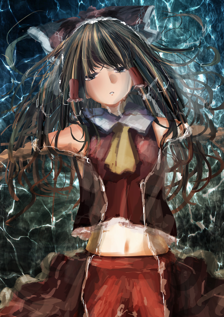 1girl aki_tsui ascot bow brown_hair hair_bow hair_tubes hakurei_reimu highres long_hair looking_at_viewer lying midriff narrowed_eyes navel on_back outstretched_arms parted_lips partially_submerged red_shirt red_skirt shirt skirt sleeveless sleeveless_shirt solo spread_arms touhou water