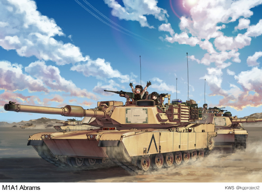 4girls \o/ arms_up artist_name blonde_hair blue_eyes brown_eyes brown_hair browning_m2 cannon clouds commentary_request condensation_trail day desert goggles_on_helmet gun headset kws lens_flare load_bearing_vest m1_abrams machine_gun military military_vehicle mountain multiple_girls operator-chan original outdoors outstretched_arms sun tank vehicle weapon