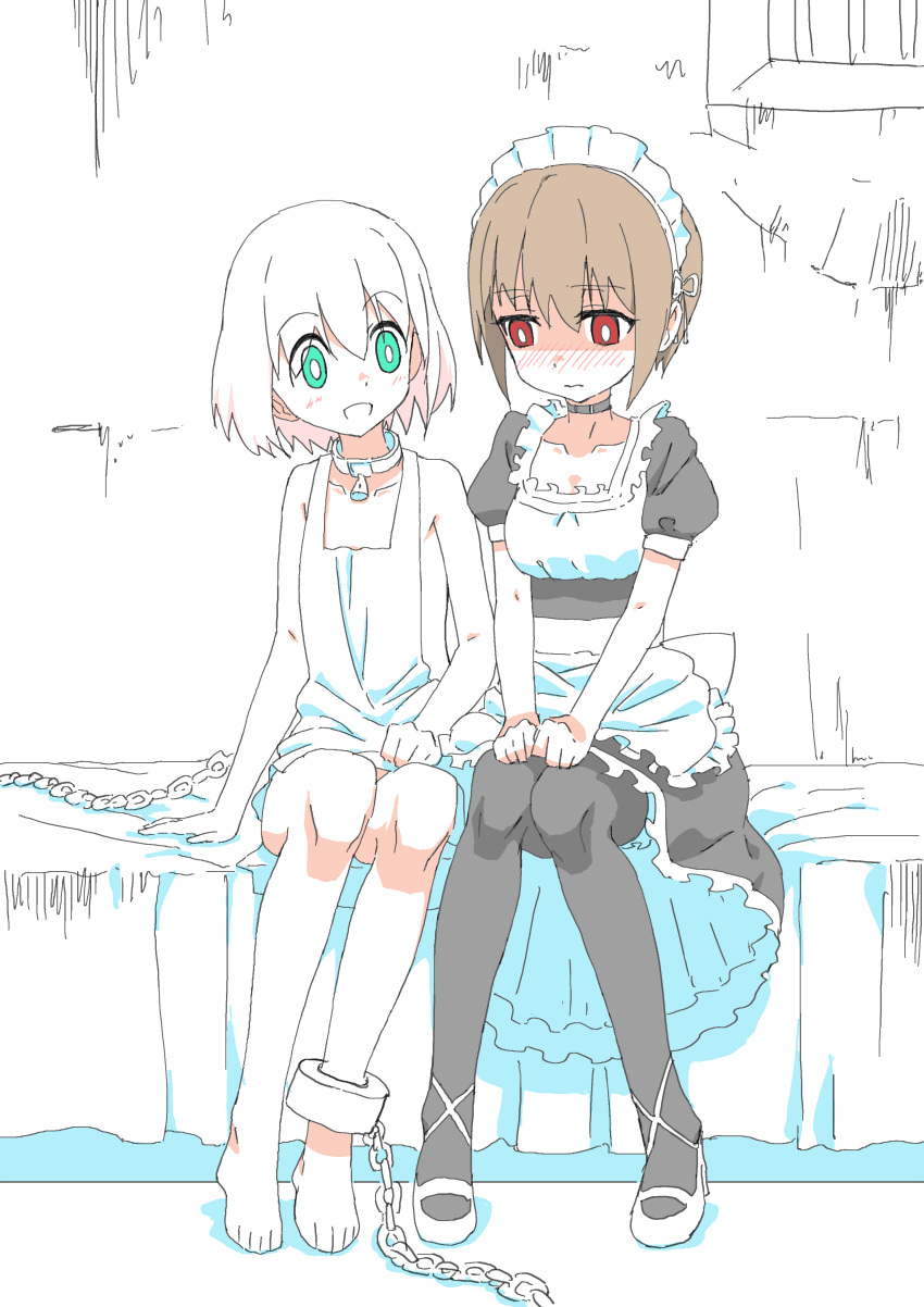 2girls absurdres apron barikiosu bed bed_sheet blush bound chain collar commentary cuffs cup dish dress dungeon frills gown highres maid maid_apron maid_headdress multiple_girls naked_apron open_mouth original red_eyes shackles short_hair short_sleeves skirt
