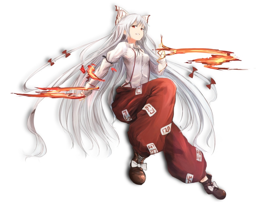 1girl bow collared_shirt fire fujiwara_no_mokou full_body hair_bow highres homo_1121 long_hair long_sleeves looking_at_viewer ofuda red_bow shirt shoes silver_hair simple_background solo suspenders touhou underwear very_long_hair white_background white_bow white_shirt