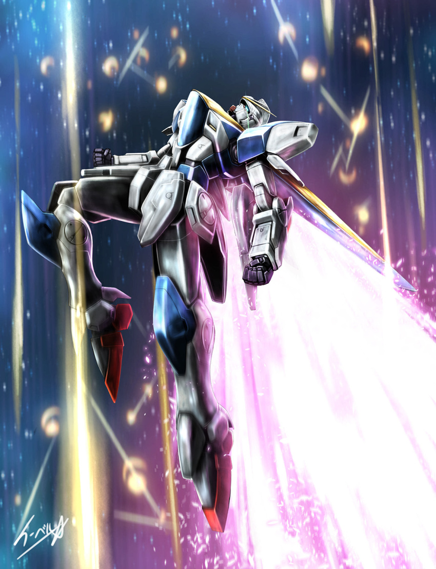 battle eblmeka energy_wings explosion flying gundam highres mecha no_humans realistic science_fiction signature space v2_gundam victory_gundam wings