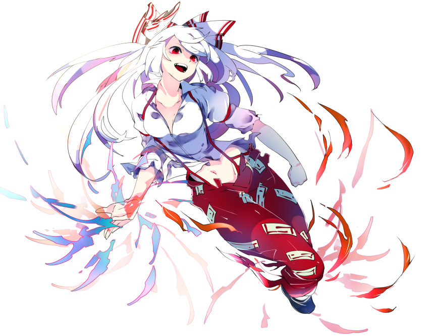 1girl black_shoes blue_fire bow breasts collarbone collared_shirt fire flame fujiwara_no_mokou full_body hair_bow highres ikurauni long_hair midriff navel open_clothes open_mouth open_shirt pants red_eyes red_pants shirt shoes short_sleeves simple_background solo stomach suspenders teeth torn_clothes torn_sleeves touhou white_background white_hair