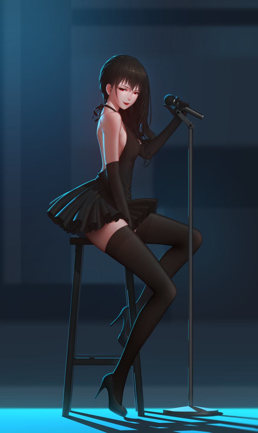 1girl absurdres arm_at_side bangs bare_back bare_shoulders between_legs black_dress black_gloves black_hair black_legwear black_shoes breasts closed_mouth dress earrings from_side full_body gloves halterneck hand_between_legs high_heels highres holding jewelry long_hair maredoro microphone_stand original red_eyes red_lips shadow shoes sideboob sitting sleeveless smile solo stool thigh-highs