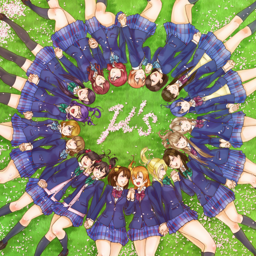 6+girls ayase_eli blazer circle_formation grass highres holding_hands hoshizora_rin iida_riho interlocked_fingers jacket kana_tawashi koizumi_hanayo kousaka_honoka kubo_yurika kusuda_aina love_live!_school_idol_project lying mimori_suzuko minami_kotori multiple_girls nanjou_yoshino nishikino_maki nitta_emi on_back one_eye_closed petals pile_(seiyuu) school_uniform seiyuu seiyuu_connection skirt smile sonoda_umi tokui_sora toujou_nozomi uchida_aya yazawa_nico