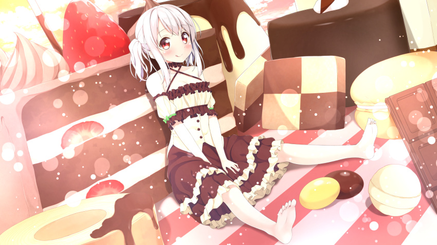 1girl bare_shoulders barefoot blush bow buttons cake candy checkerboard_cookie chocolate chocolate_bar collar collarbone cookie detached_sleeves dress food frilled_dress frills fruit highres karutamo looking_at_viewer original pudding red_eyes side_ponytail sidelocks silver_hair sitting slice_of_cake smile solo strawberry strawberry_shortcake tisshu_(karutamo) tongue tongue_out v_arms