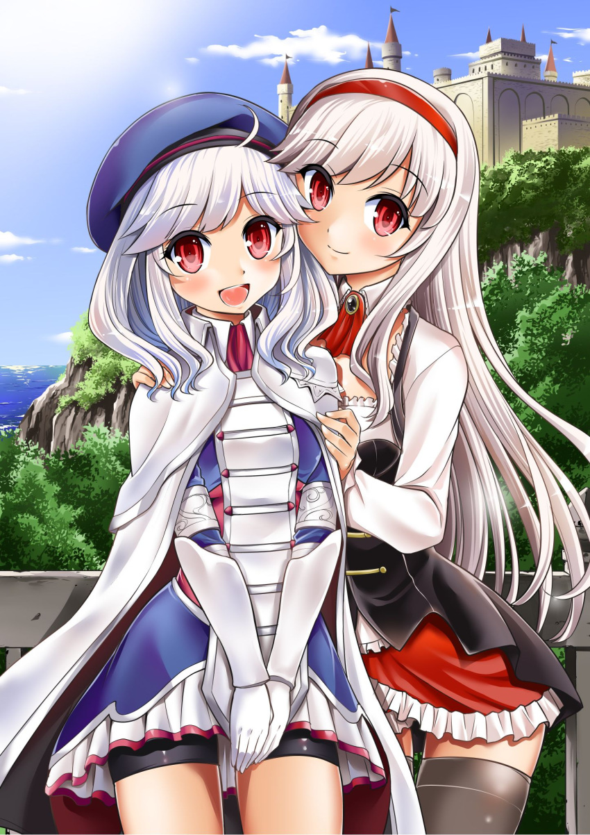 2girls :d ahoge alicia_(sennen_sensou_aigis) anna_(sennen_sensou_aigis) beret bike_shorts black_hair black_shorts blue_hat blush cape castle closed_mouth clouds cowboy_shot detached_collar eyebrows_visible_through_hair frilled_shirt frilled_skirt frills gloves hairband hand_on_another's_arm hand_on_another's_shoulder hat highres long_hair long_sleeves multiple_girls open_mouth outdoors own_hands_together pleated_skirt railing red_eyes red_skirt sennen_sensou_aigis shirt shorts silver_hair skirt sky smile sun thigh-highs tree tsubakiyama_parry v_arms very_long_hair water white_gloves white_shirt white_skirt wing_collar