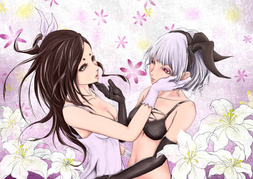 2girls black_gloves bra brown_eyes brown_hair dress elbow_gloves eye_contact flower gloves hair_ribbon hand_on_another's_cheek hand_on_another's_chin hand_on_another's_face highres lily_(flower) long_hair looking_at_another midriff multiple_girls navel one_side_up open_mouth original red_eyes ribbon short_hair underwear underwear_only white_dress white_gloves white_hair yuri