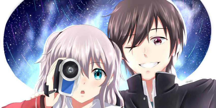 1boy 1girl black_hair blue_eyes camcorder charlotte_(anime) hand_on_another's_shoulder highres long_hair looking_at_viewer one_eye_closed open_mouth otosaka_yuu scar scar_across_eye school_uniform short_hair signature silver_hair sky smile tomori_nao