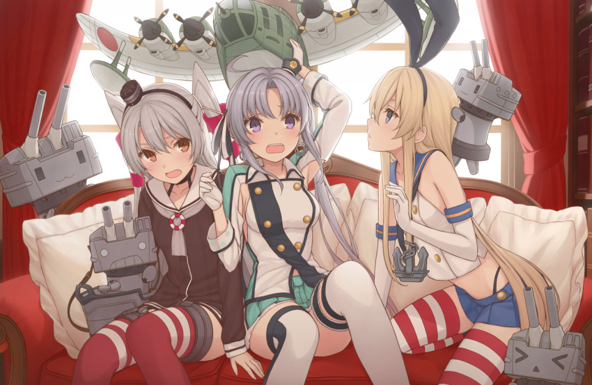 &gt;_&lt; 3girls :&lt; :3 ahoge airplane akitsushima_(kantai_collection) amatsukaze_(kantai_collection) anchor anchor_hair_ornament arm_up bare_shoulders black_panties blonde_hair blue_eyes blush breasts brown_dress brown_eyes buttons choker closed_eyes collarbone couch crop_top curtains dress earrings elbow_gloves garter_straps girl_sandwich gloves hair_ornament hair_ribbon hair_tubes hairband hat highleg highleg_panties jacket jewelry kantai_collection lifebuoy long_hair long_sleeves looking_at_viewer military military_uniform mini_hat miniskirt multiple_girls nananichi nishikitaitei-chan o_o on_head open_mouth panties pillow pleated_skirt purple_hair red_legwear rensouhou-chan rensouhou-kun ribbon sailor_collar sailor_dress sandwiched school_uniform serafuku shimakaze_(kantai_collection) short_dress side_ponytail silver_hair sitting skirt solid_circle_eyes striped striped_legwear teeth thigh-highs triangle_mouth turret two_side_up underwear uniform violet_eyes white_gloves window windsock zettai_ryouiki |_|