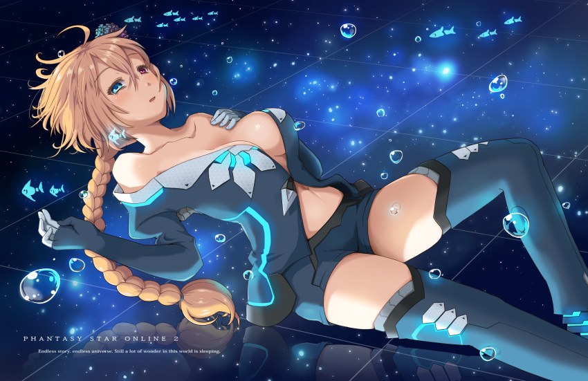 1girl black_gloves blonde_hair blush braid breasts bubble character_request cleavage collarbone copyright_name elbow_gloves gloves hand_on_own_chest heterochromia highres himeki_(gigo484800) long_hair looking_at_viewer lying midriff navel no_bra on_back open_clothes open_shirt phantasy_star phantasy_star_online_2 shirt short_shorts shorts single_braid skin_tight solo thigh-highs