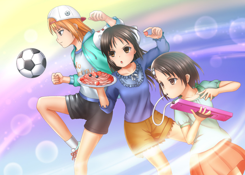 3girls backwards_hat black_hair black_shorts blonde_hair blue_dress brown_eyes brown_shorts bunny_hair_ornament determined dress food football_(object) fruit green_shirt hair_ornament hat idolmaster idolmaster_cinderella_girls instrument keyboard_(instrument) kicking melodica multiple_girls mutsuki_hiiro orange_skirt sasaki_chie shirt shorts skirt sparkle_background strawberry tachibana_arisu yuuki_haru