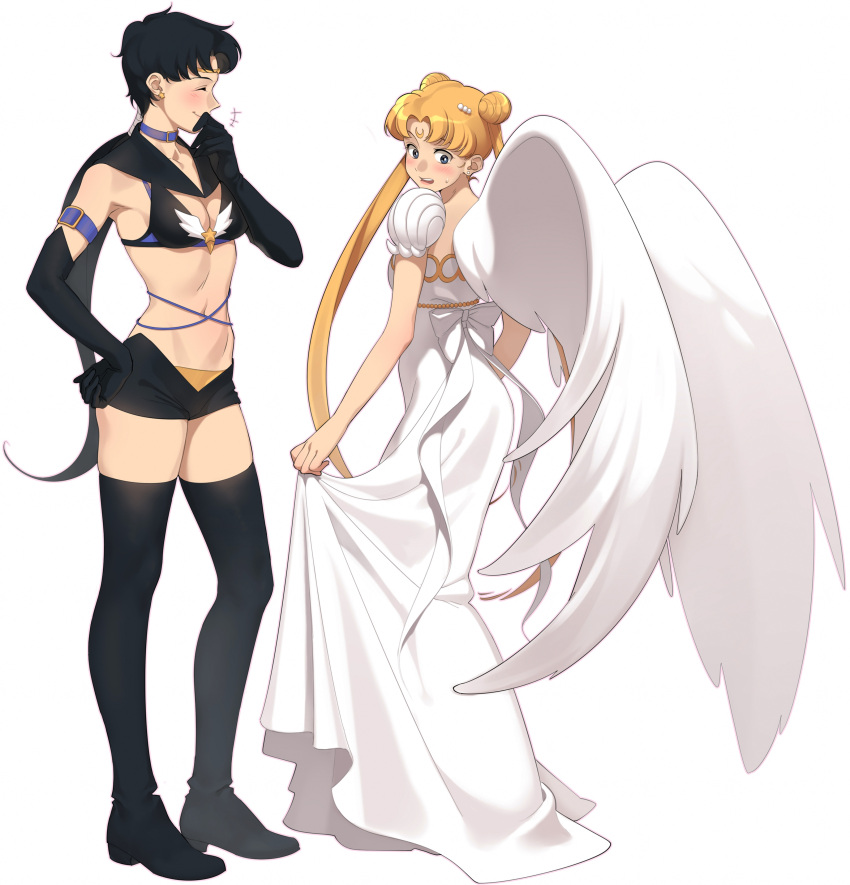 2girls absurdres aconitea angel_wings beads bikini_top bishoujo_senshi_sailor_moon black_gloves black_hair blonde_hair blue_eyes blush boots bow breasts cleavage closed_eyes double_bun dress earrings elbow_gloves embarrassed gloves groin hair_beads hair_ornament hair_tubes hand_on_hip highres jewelry multiple_girls navel ponytail princess_serenity sailor_star_fighter seiya_kou short_shorts shorts skirt_hold sweatdrop thigh-highs thigh_boots tsukino_usagi twintails white_background white_bow white_dress white_wings wings