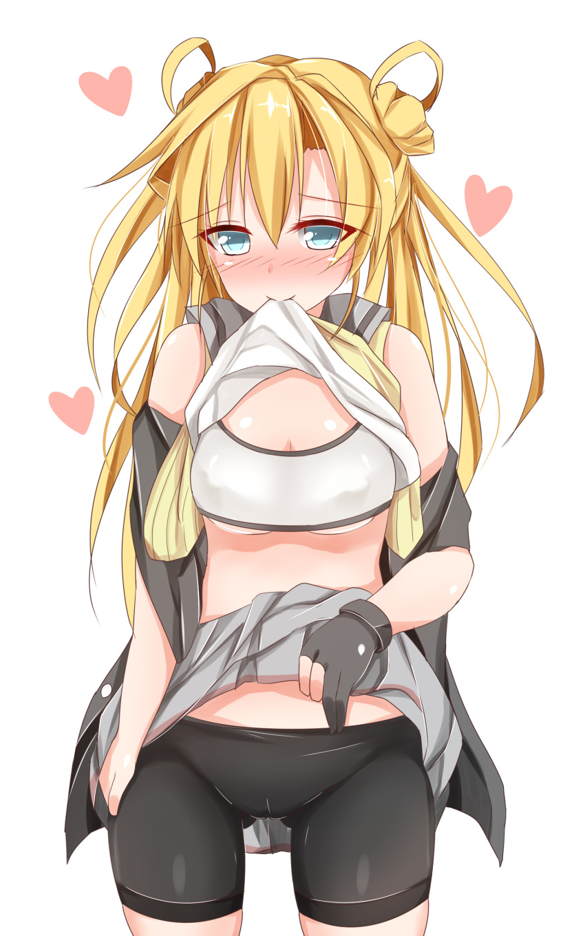 1girl absurdres abukuma_(kantai_collection) ass ass_visible_through_thighs bangs bare_shoulders bike_shorts black_gloves blonde_hair blue_eyes blush bra breasts double_bun gloves hair_between_eyes hair_rings heart highres kantai_collection long_hair looking_at_viewer mouth_hold open_clothes partly_fingerless_gloves pikatchi remodel_(kantai_collection) school_uniform serafuku shirt_lift simple_background skirt skirt_lift smile solo sports_bra thigh_gap thighs twintails underwear white_background